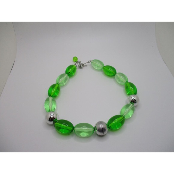 Vintage West Germany Lime Green and Silver Beaded Choker Necklace - Picture 4 of 10